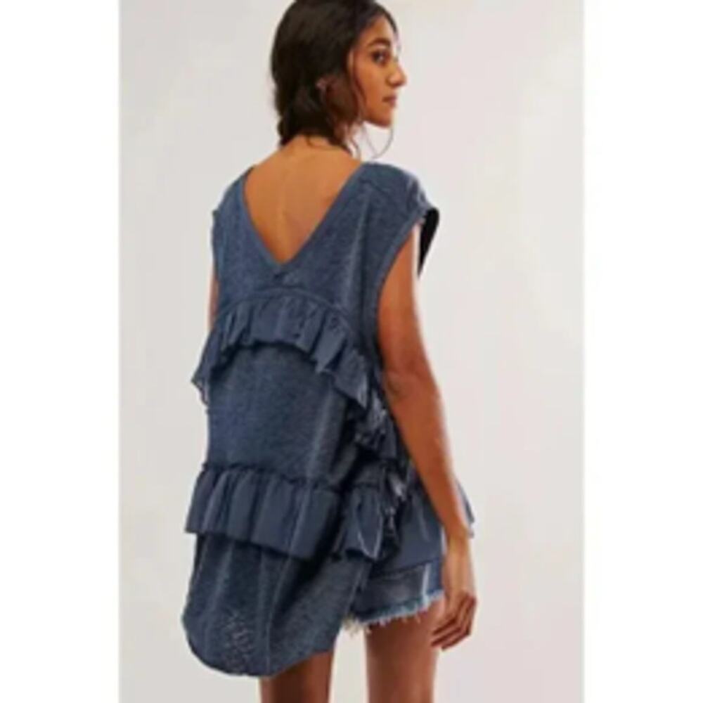 Free People Slouchy Claire Tee Blue Ruffle Tunic Top Large